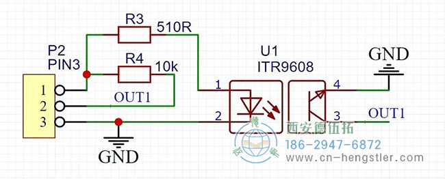 ITR9608是一種常見的對(duì)射式光電開關(guān)，加兩個(gè)電阻就可以使用了，設(shè)計(jì)了簡(jiǎn)單的原理圖