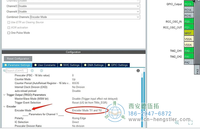 配置一下編碼模式，選擇“……TI1 and TI2”，這樣就會(huì)上升下降沿都計(jì)數(shù)，實(shí)際脈沖數(shù)數(shù)值上是柵格的4倍。